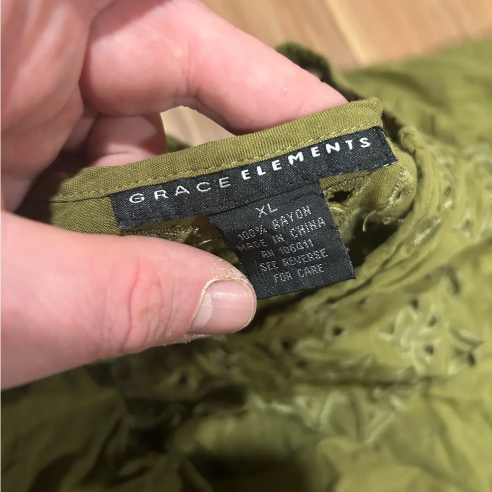 Grace Elements Olive Top with Detailed Embroidery Bohemian Blouse Size XL
